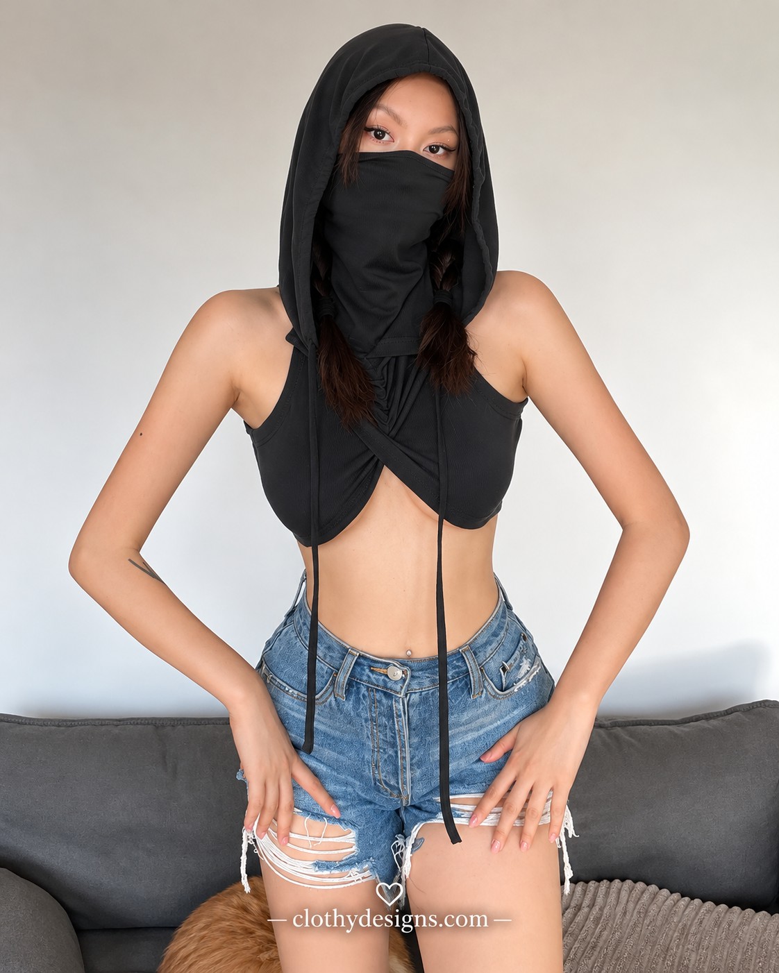 Women's Futuristic Hooded Balaclava Crop Top – Sleeveless Cross-Wrap Camisole, Sexy Techwear Streetwear